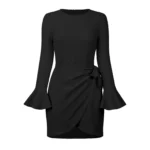 Chic Elegance Round Neck Long Sleeve Dress With Horn Sleeves Eqsl002 Black 2