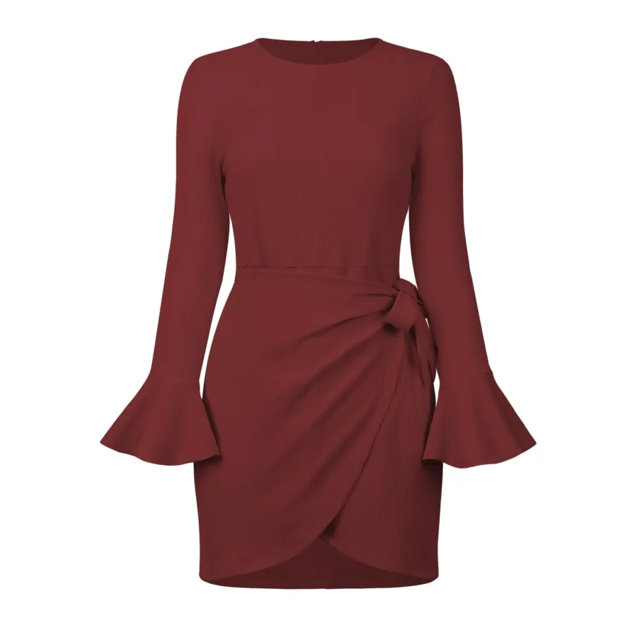 Chic Elegance Round Neck Long Sleeve Dress With Horn Sleeves Eqsl037 Wine Red 1