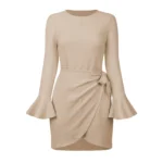 Chic Elegance Round Neck Long Sleeve Dress With Horn Sleeves Eqsl042 Khaki 1