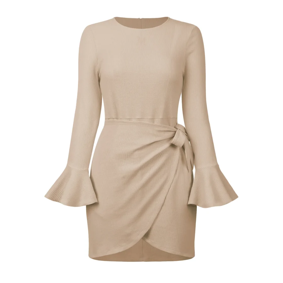 Chic Elegance Round Neck Long Sleeve Dress With Horn Sleeves Eqsl042 Khaki 1