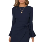 Chic Elegance Round Neck Long Sleeve Dress With Horn Sleeves Eqsl048 Navy Blue 1