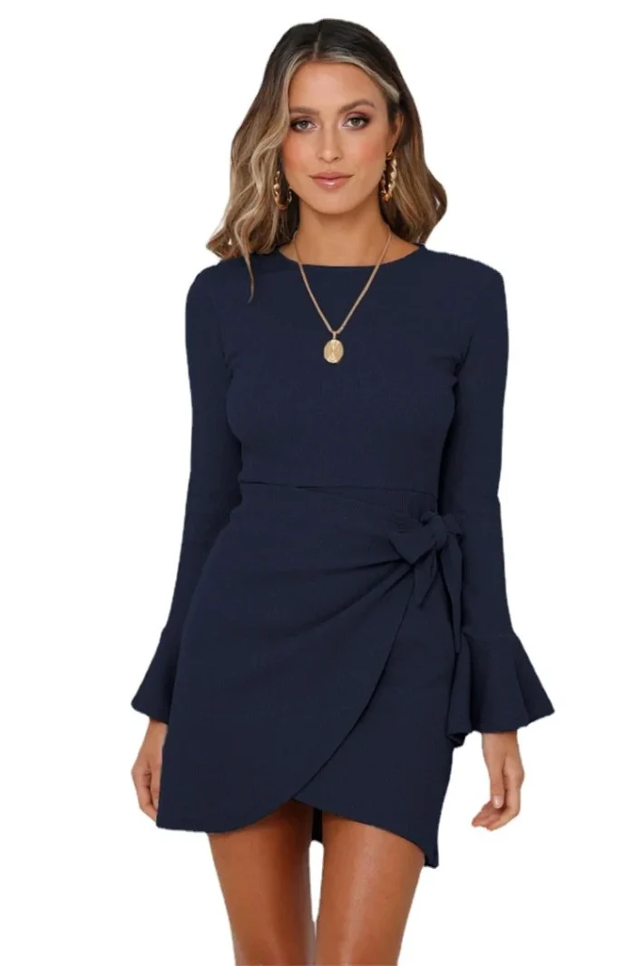 Chic Elegance Round Neck Long Sleeve Dress With Horn Sleeves Eqsl048 Navy Blue 1