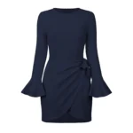 Chic Elegance Round Neck Long Sleeve Dress With Horn Sleeves Eqsl048 Navy Blue 2