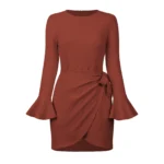 Chic Elegance Round Neck Long Sleeve Dress With Horn Sleeves Eqsl050 Brick Red 1