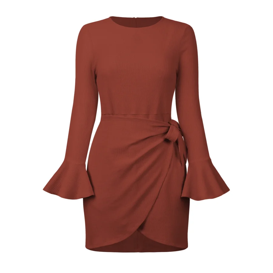 Chic Elegance Round Neck Long Sleeve Dress With Horn Sleeves Eqsl050 Brick Red 1