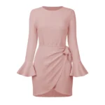 Chic Elegance Round Neck Long Sleeve Dress With Horn Sleeves Eqsl067 Pink 1