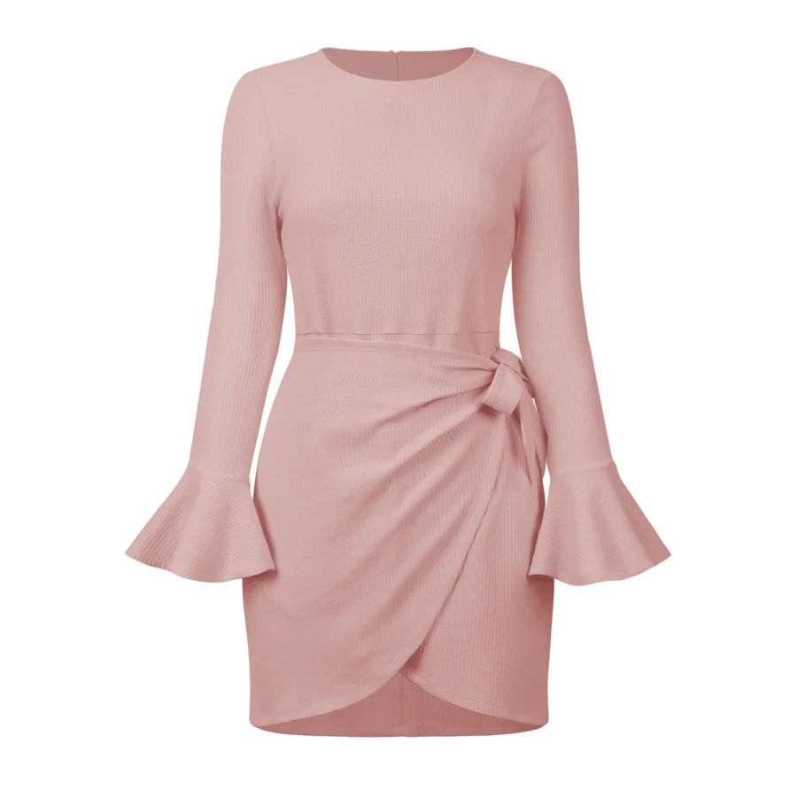 Chic Elegance Round Neck Long Sleeve Dress With Horn Sleeves Eqsl067 Pink 1