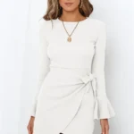 Chic Elegance Round Neck Long Sleeve Dress With Horn Sleeves Eqsl073 White 1