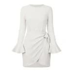 Chic Elegance Round Neck Long Sleeve Dress With Horn Sleeves Eqsl073 White 2