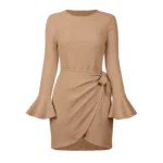 Chic Elegance Round Neck Long Sleeve Dress With Horn Sleeves Eqsloo4 Apricot 3