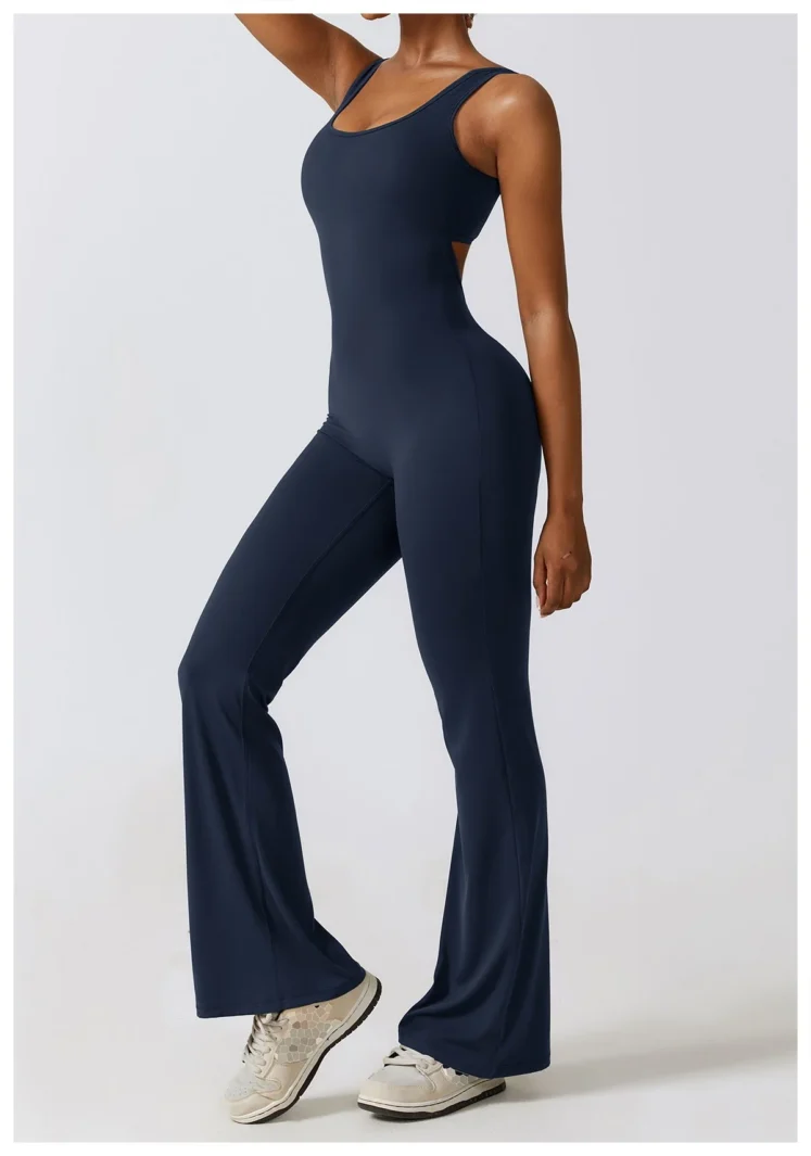 Peach Hip Lifting Jumpsuit Hollow Out Back Badge Blue 2