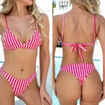 Stripe Print Double Sided Split Bikini Pink 1