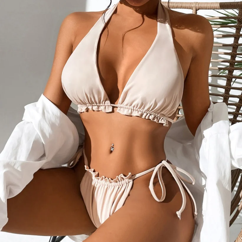 Halter Neck Ruched Bikini Set White