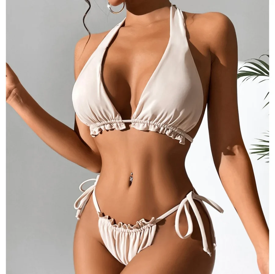 Halter Neck Ruched Bikini Set White 3