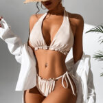 Halter Neck Ruched Bikini Set White 1